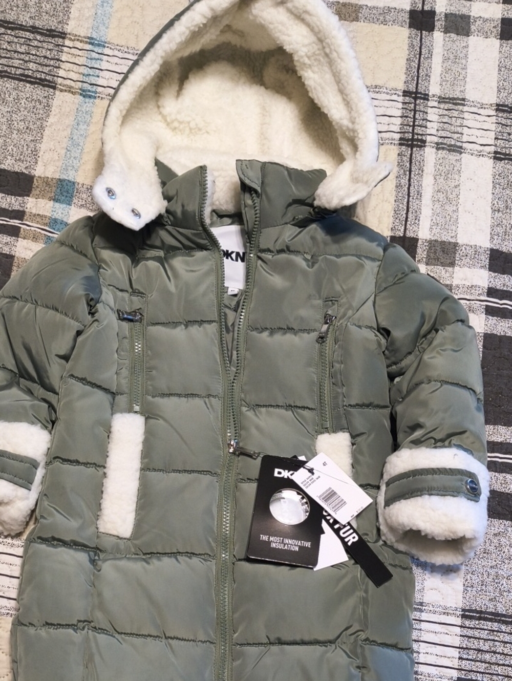 DKNY Kids Sage Green Puffer Coat with Sherpa Trim
